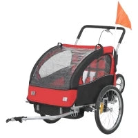 Rimorchio per Bicicletta per Bambini 2 in 1 con Cintura di Sicurezza a 5 Punti, Riflettori, Bandiera e Tendina Antivento, Rosso