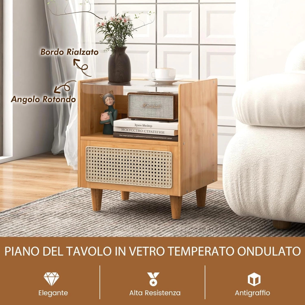 Comodino in Bambù e Rattan 43 x 35 x 50 cm, Tavolino Moderno con Piano in Vetro, Cassetto, Mobile Salvaspazio per Ufficio e Soggiorno (1, Naturale)