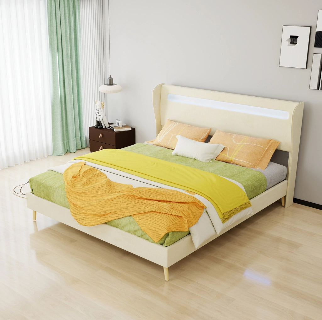 Letto basso 160x200 cm con testiera regolabile e LED multicolore; tessuto e metallo; beige