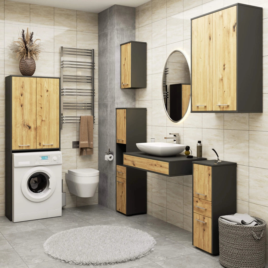 Mobile bagno sospeso AKORD FIN H934 W64 Grigia Grafite, Quercia Artisan 2 ante 64x94x30 cm