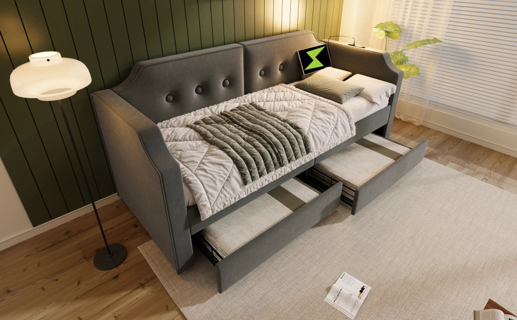 DESMIU Letto divano 90 × 200 cm 1 posto con 2 cassetti, USB, Type-C e lampada da lettura, senza materasso, grigio