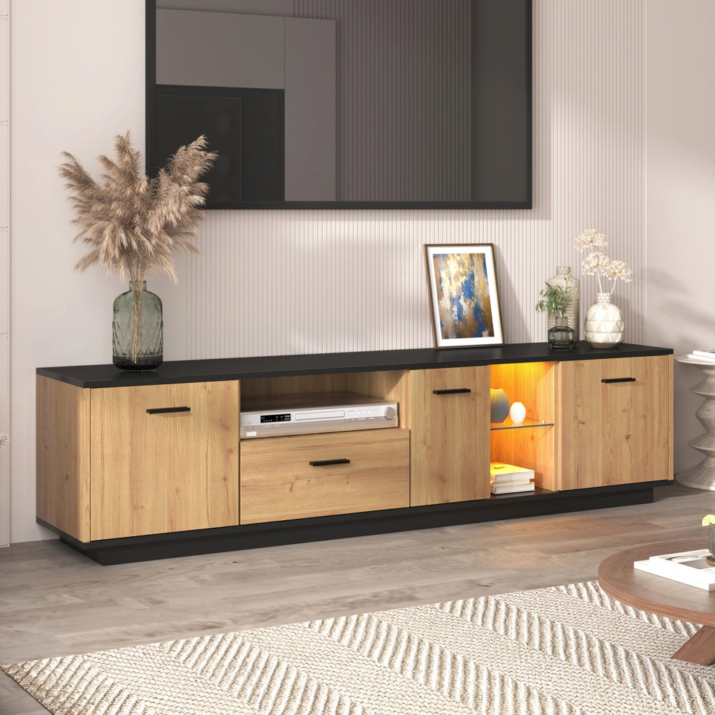 Mobile TV con 3 Ante; 1 Cassetto; 2 Vani a Giorno e LED 16 Colori; MDF; Nero e Effetto Legno; 180??37??45 cm