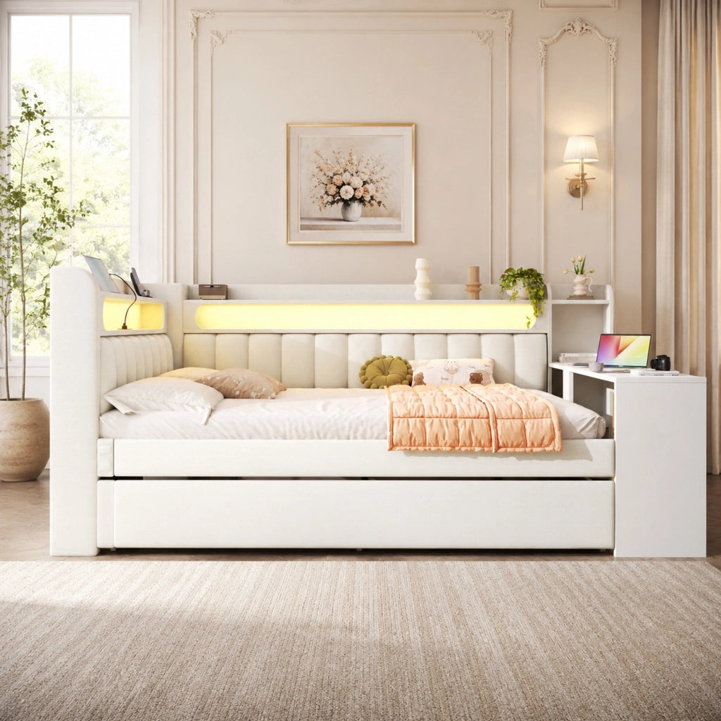 Divano letto 140x200 cm con letto estraibile; USB; LED e scrivania integrata; bianco