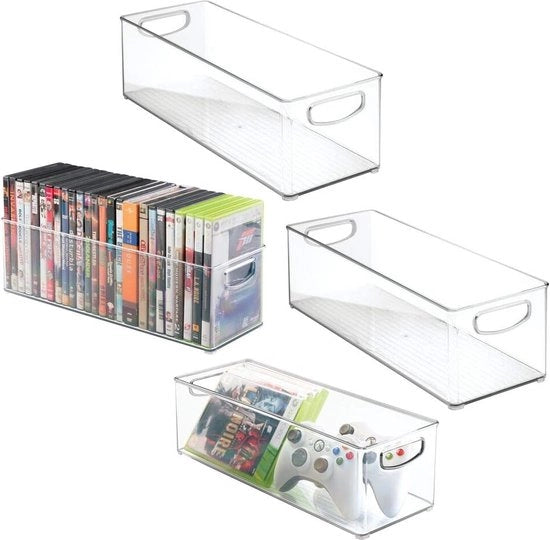 Scatola di archiviazione - organizzatore di carico - per ufficio, bagno e cucina - per dischi, DVD o materiali da scrivere - stivabile - trasparente - con 4 pezzi per confezione