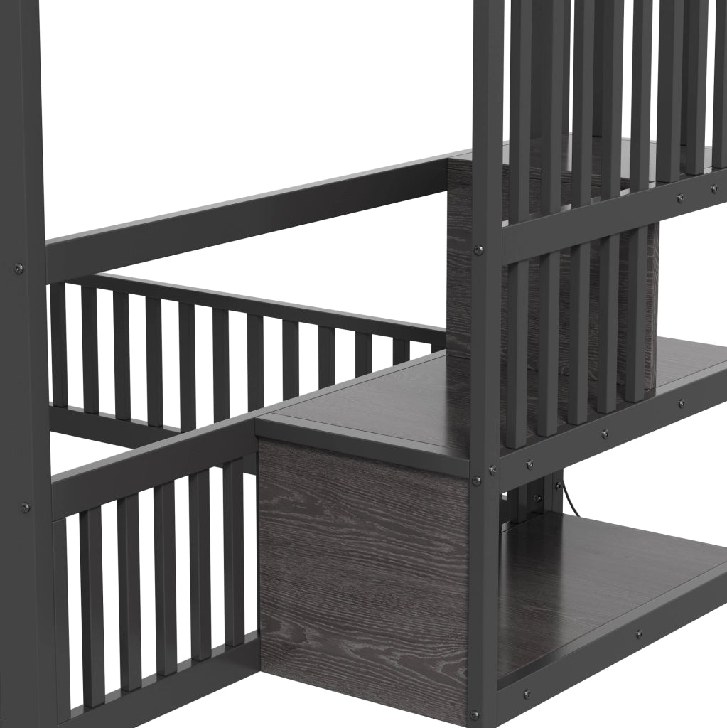 Letto a castello 140x200 cm in metallo nero con LED e scaletta contenitore