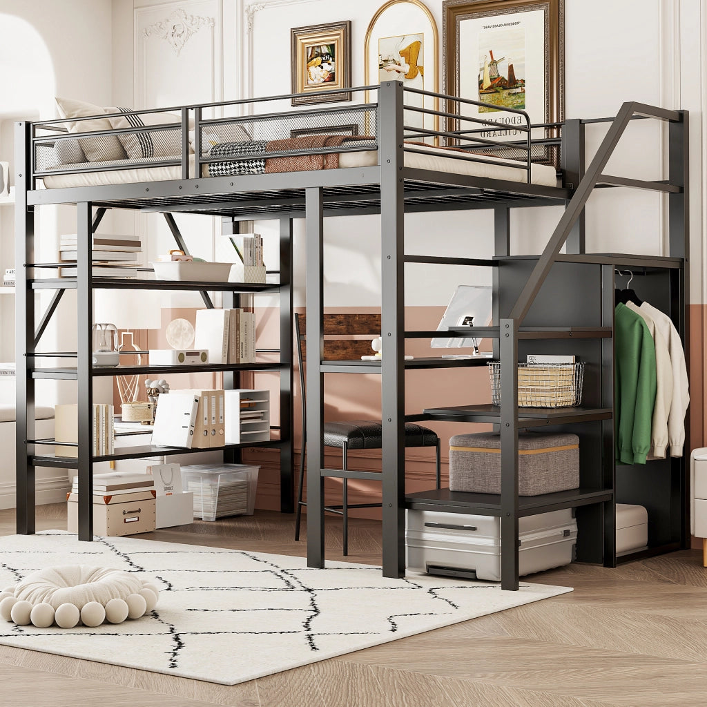 Letto alto in metallo nero con scrivania armadio e scaffali a tre livelli 140x200 cm