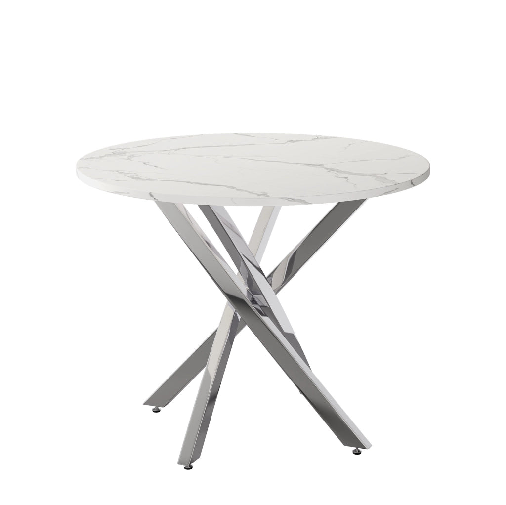 Tavolo rotondo 80 cm con piano effetto marmo; gambe cromate; MDF; bianco e argento