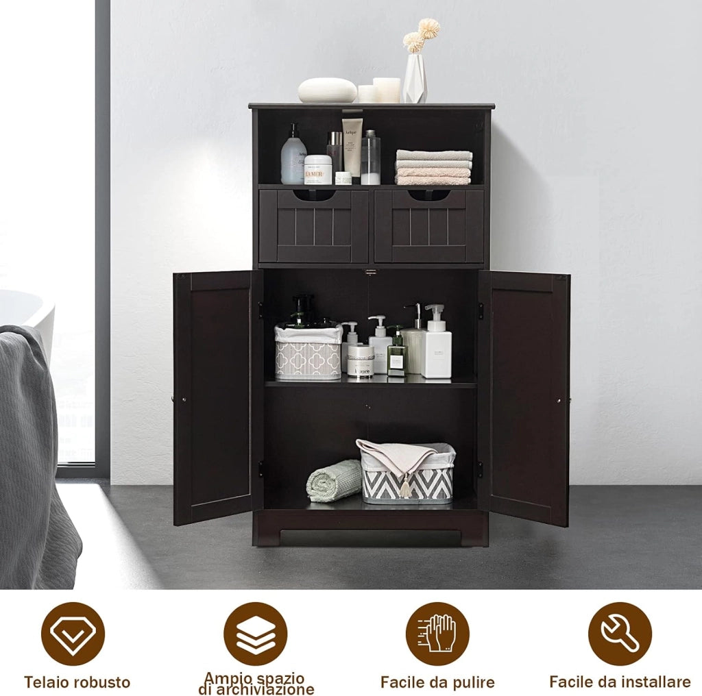 Armadietto Terra da Bagno Mobile Autoportante, Mobiletto Ufficcio Multiuso, con Cassetti e Ripiani, Ampio Spazio, Legno (Marrone)