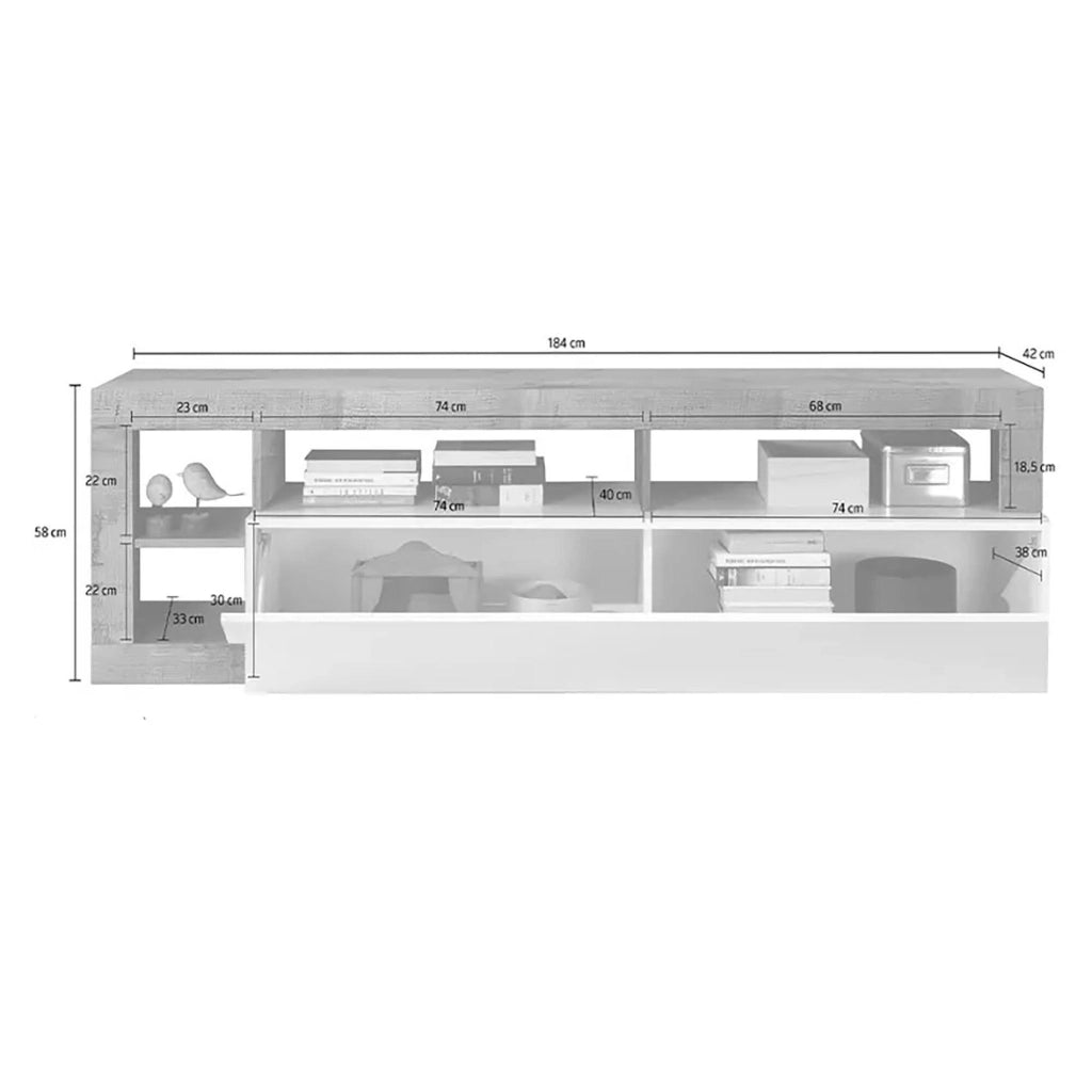 Mobile porta TV 0, Credenza moderna a ripiani, Mobile da soggiorno con rimbalta e vani a giorno, Made in Italy, Cm 184x58h42, Bianco e Pero