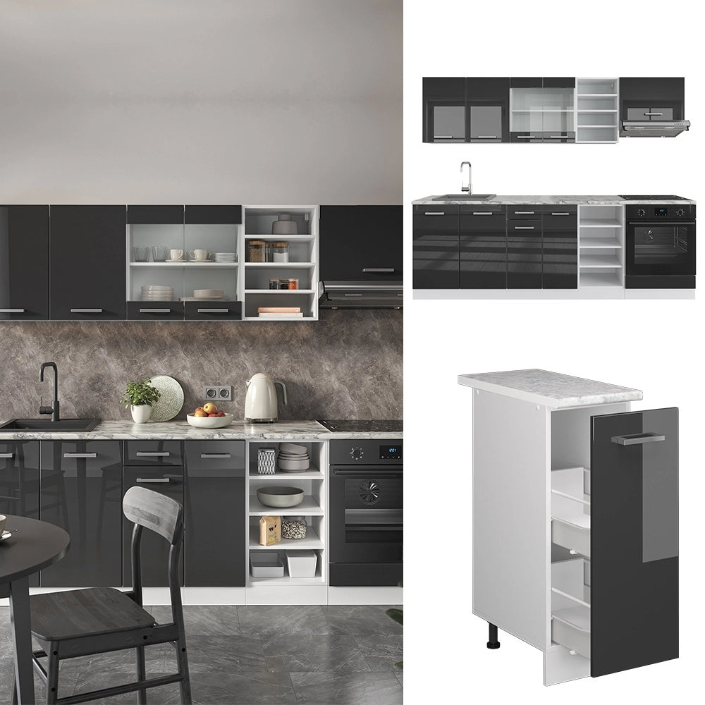 Cucina componibile R-Line Antracite lucido/Bianco 240 cm, PL Marmo Vicco