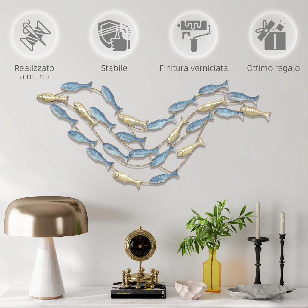 Wall Art Banco di Pesci in Metallo con Viti Incluse, 99.7x3.8x50.2 cm, Oro e Blu