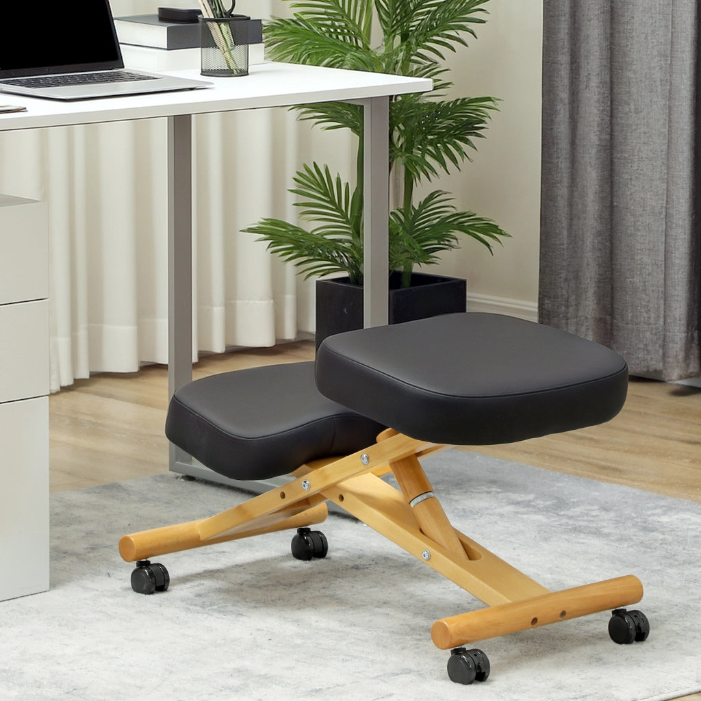 Sedia Ergonomica Posturale con Inginocchiatoio e Rotelle, in Legno di Caucci¨´, Nero