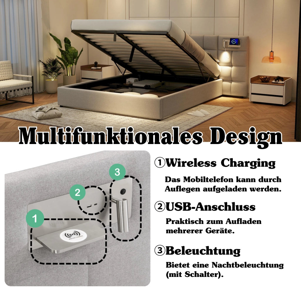 OKWISH Letto Contenitore 180×200 cm, Letto Matrimoniale con USB, Ricarica Wireless e Lampada, senza Materasso, in Lino, Grigio