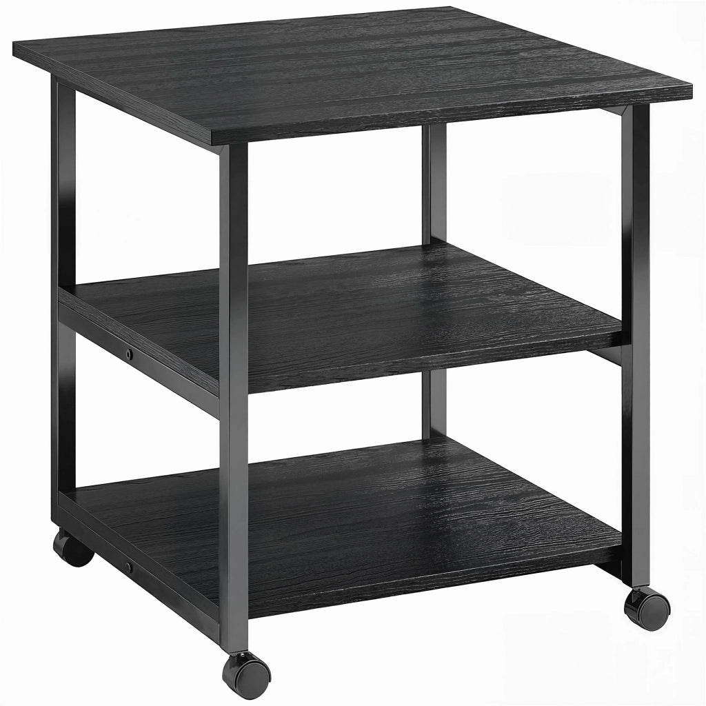 Carrello Porta Stampante a 3 Ripiani con 4 Ruote, Legno e Acciaio, 50x50x52.5cm, Nero