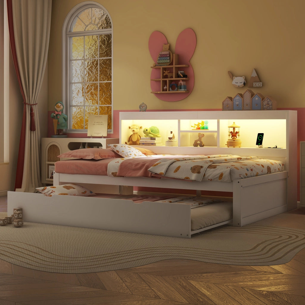 Divano letto daybed 90x200 cm con letto estraibile, LED, USB e presa, vano laterale, bianco