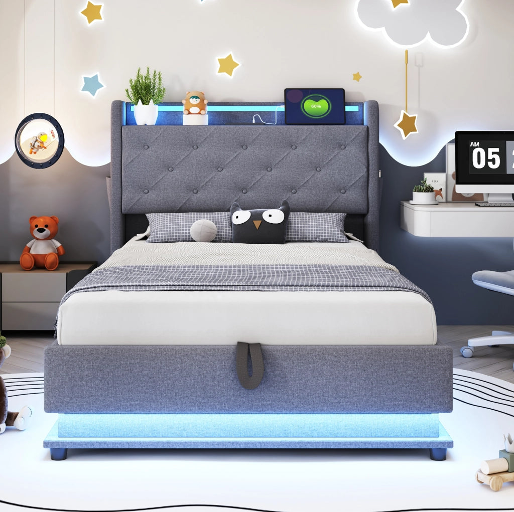 Letto imbottito 90x200 cm con LED, USB, contenitore idraulico e testiera apribile