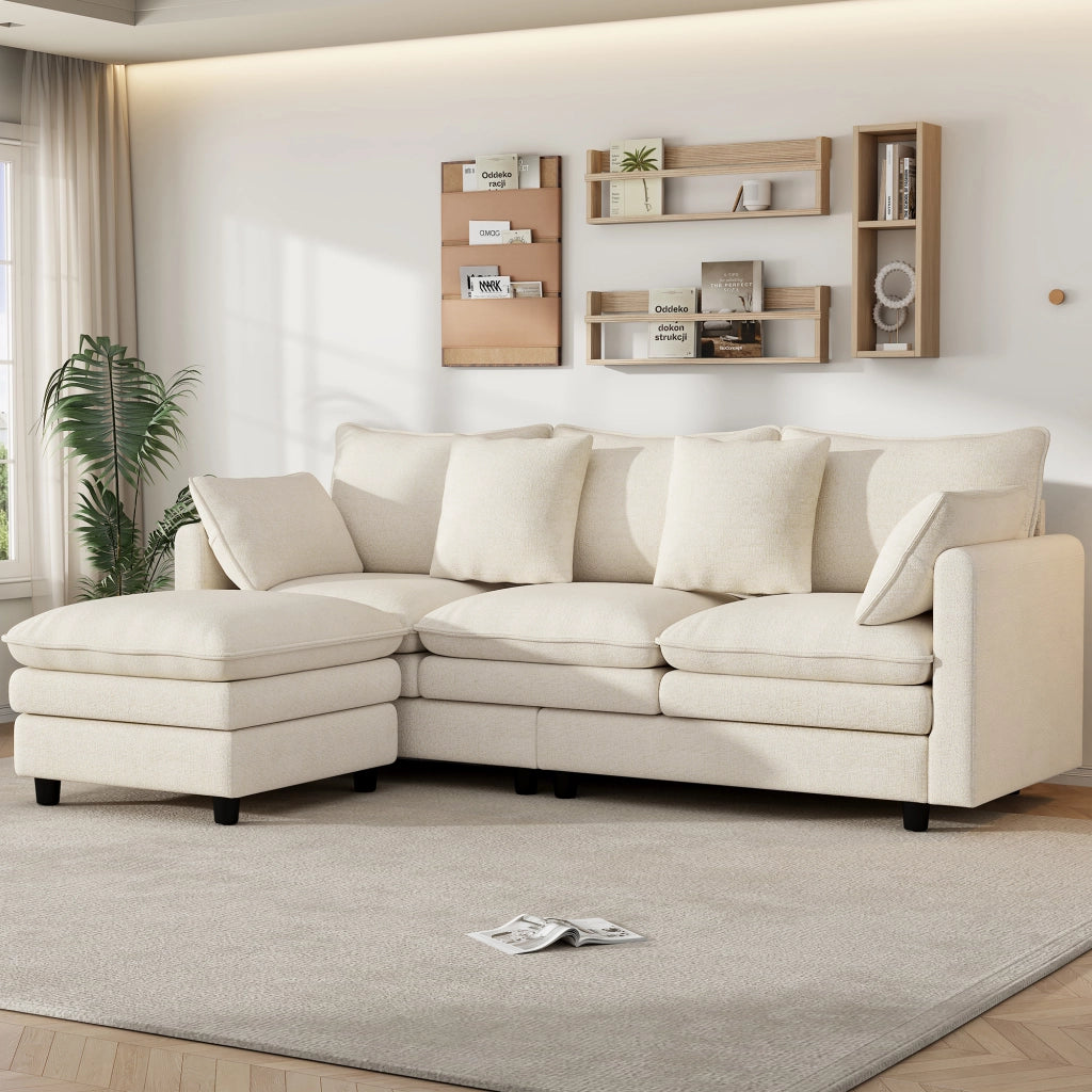 Divano angolare a L con chaise longue mobile, 3 posti, in tessuto chenille beige, 212¡Á150¡Á90 cm