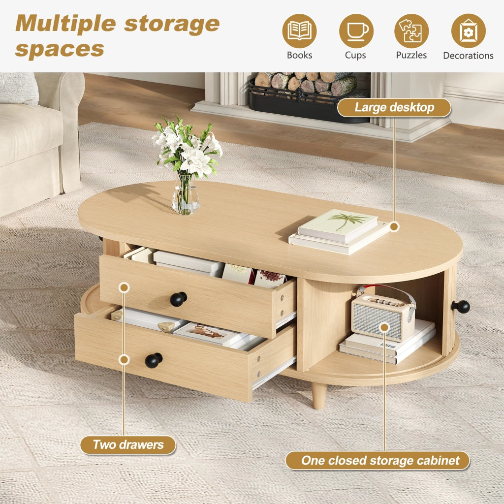 Tavolino basso con 2 cassetti e ante scorrevoli, in MDF con gambe in legno massello, per soggiorno, 100 × 50 × 36 cm