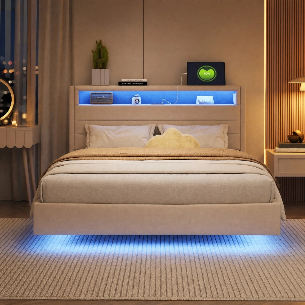 Letto imbottito 140x200 beige con LED, USB e testiera girevole