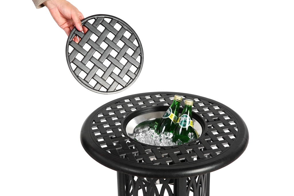 Tavolo da esterno in alluminio con secchio del ghiaccio; tavolino laterale da patio; tavolino laterale in alluminio con cuscinetti regolabili; piccolo tavolino da caffè da esterno