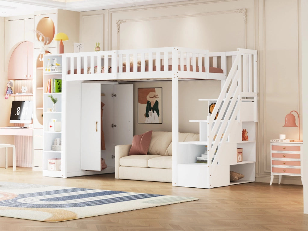 Letto a soppalco multifunzione 90x200 cm con armadio ampio, mensole e scaletta di sicurezza bianco