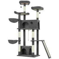 Albero tiragraffi con 3 letti, 2 piattaforme e 3 giocattoli sospesi, altezza 174 cm, Grigio