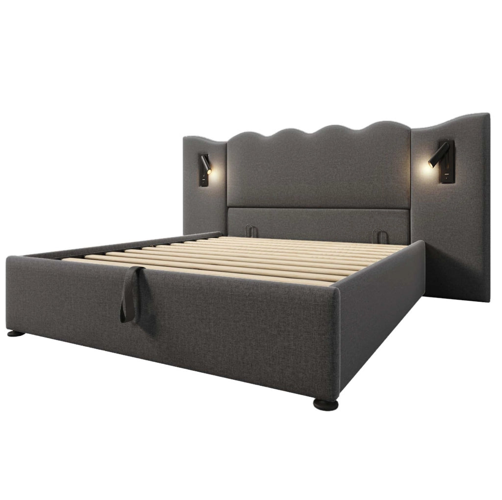 Letto contenitore 160x200 cm con lampade da lettura USB e Type-C; lino grigio