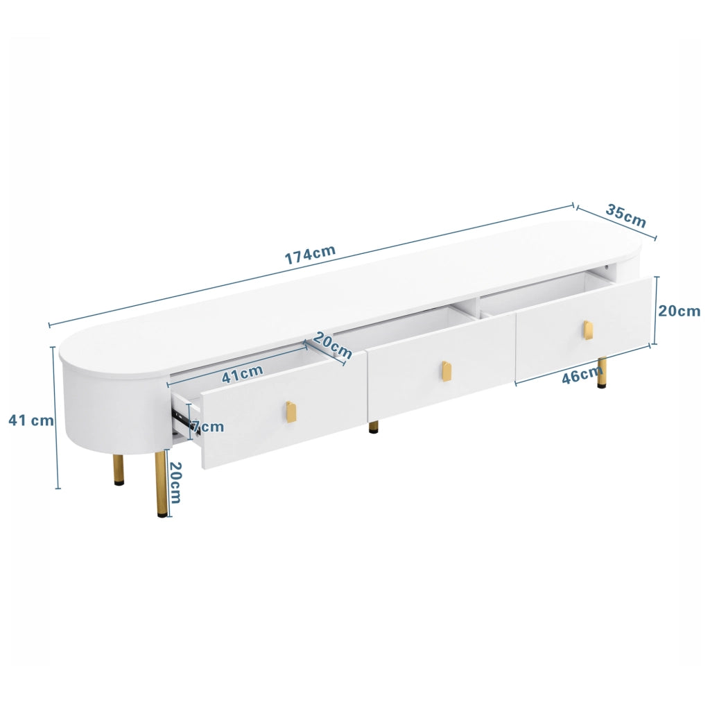 Mobile TV con 3 cassetti 174x35x41 cm in MDF bianco con maniglie e gambe oro