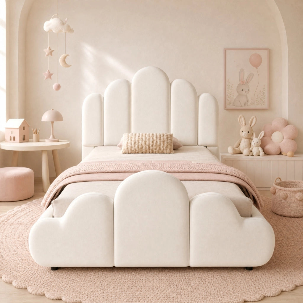 LETTO Singolo 90x200 cm in Velluto Beige con Testiera Imbottita