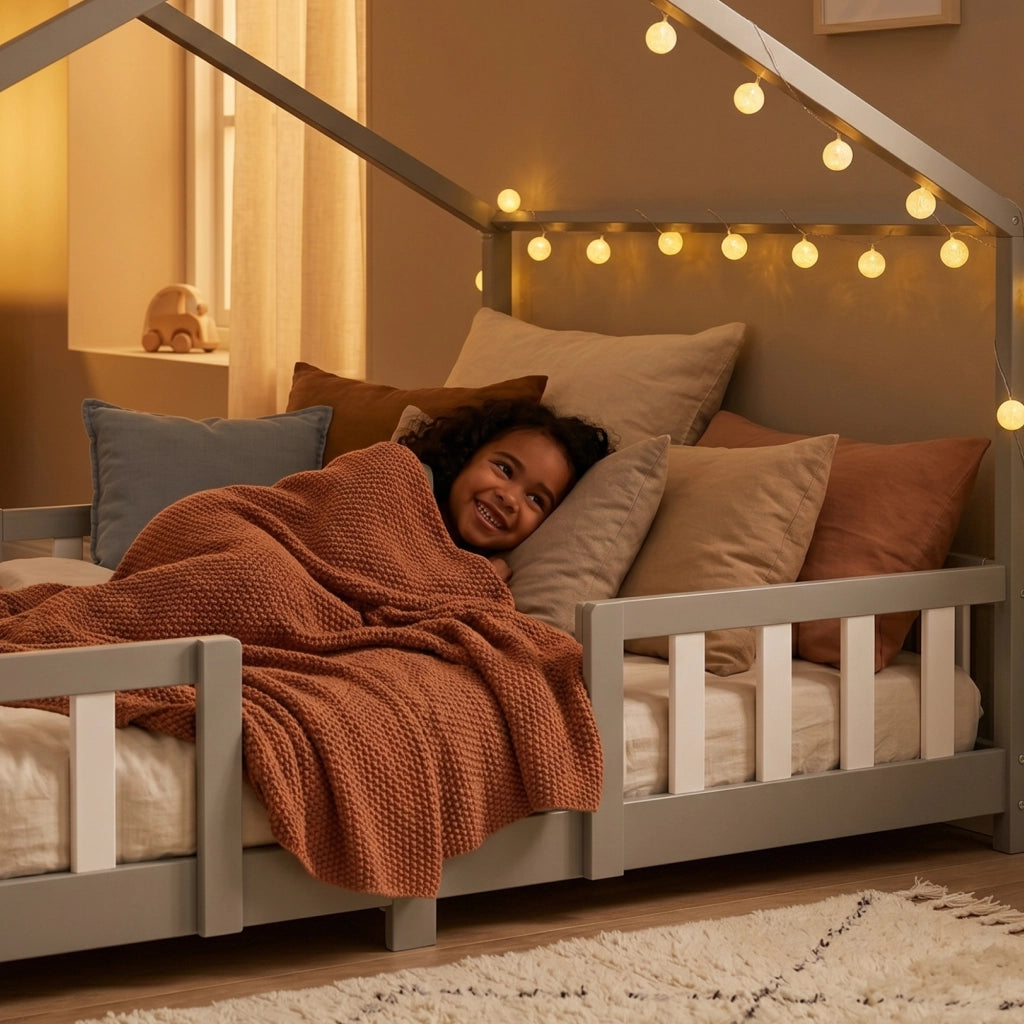 Letto per Cameretta Treviolo a Forma di Casetta in Stile Montessori con Materasso 140x200 cm - Grigio Chiaro/Bianco [en.casa]