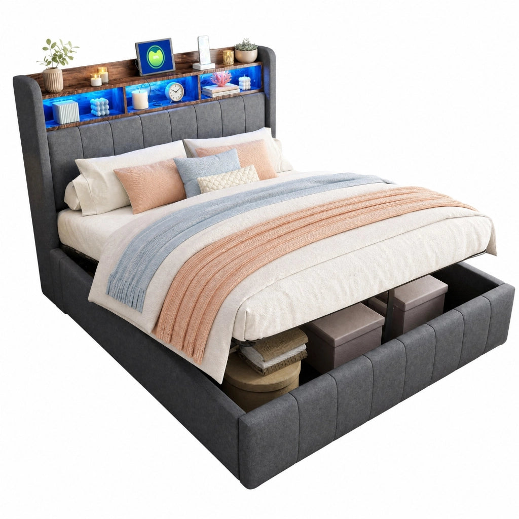 Letto matrimoniale imbottito 140x200 cm con LED, USB e vano contenitore idraulico, grigio
