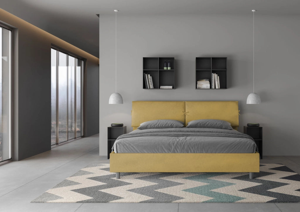 BS COM Letto matrimoniale king size con rete imbottito 200x210 microfibra ocra