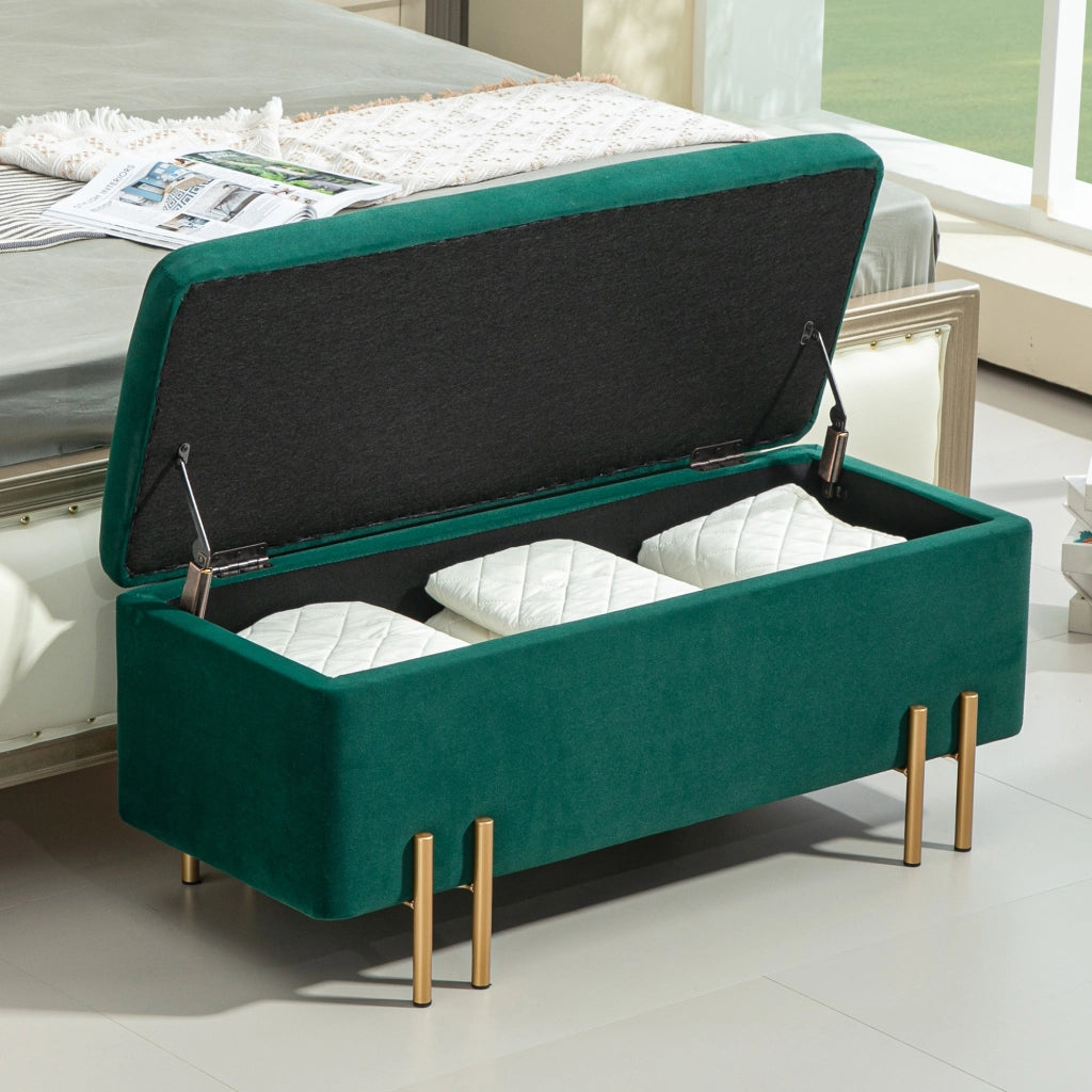 Panca contenitore imbottita in poliestere verde con vano interno, struttura in legno e metallo, 100 x 40 x 42 cm