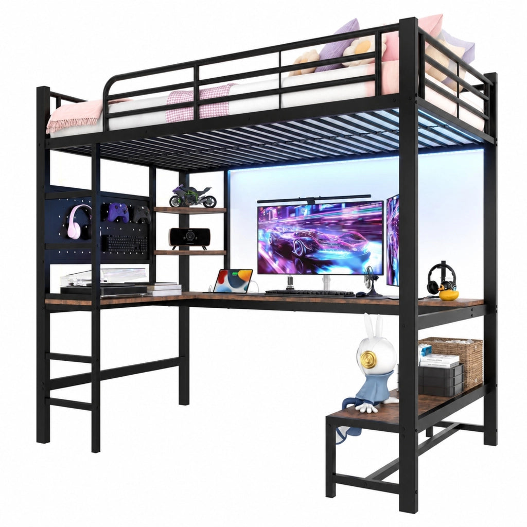 Letto a soppalco 90x200 cm con scrivania, LED e USB-C