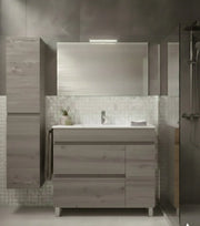 Mobile Bagno FENRIR Già Montato 2 cassetti e porta con piedini, lavabo e specchio Rovere affumicato 60x35 cm con colonna