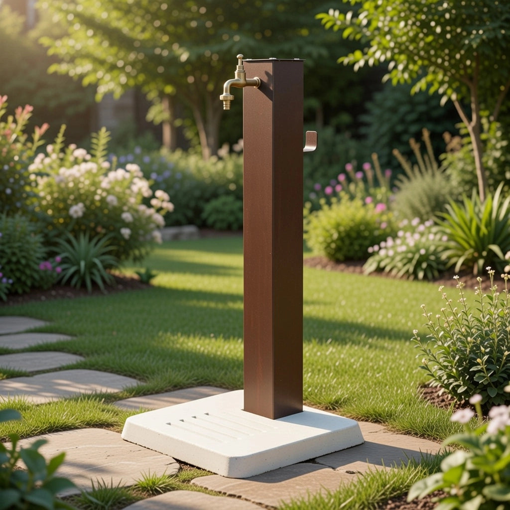 Fontana Decorativa da Esterno con Base in Cemento e Rubinetto in Ottone 45x45x97cm Effetto Corten