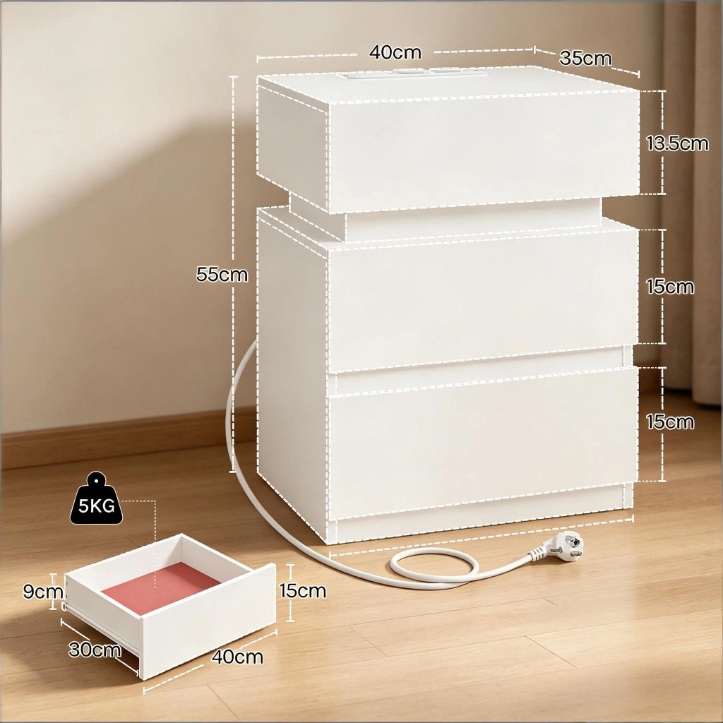 Comodino con LED, stazione di ricarica, 2 cassetti e vano a ribalta, per camera da letto, bianco 35 × 40 × 55 cm