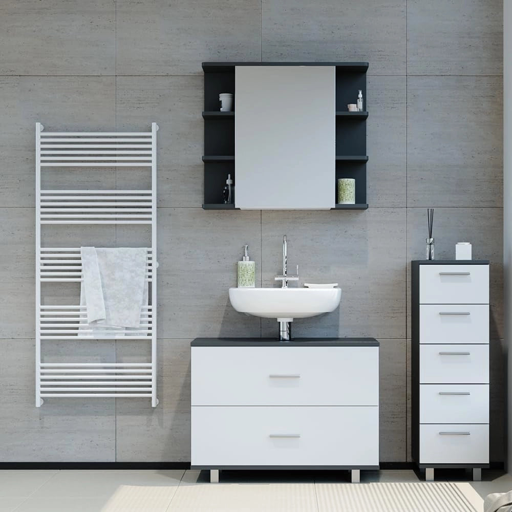 Set mobili bagno Ilias, Bianco/antracite, 80 cm, composto da mobile sottolavabo, specchiera e mobile medio