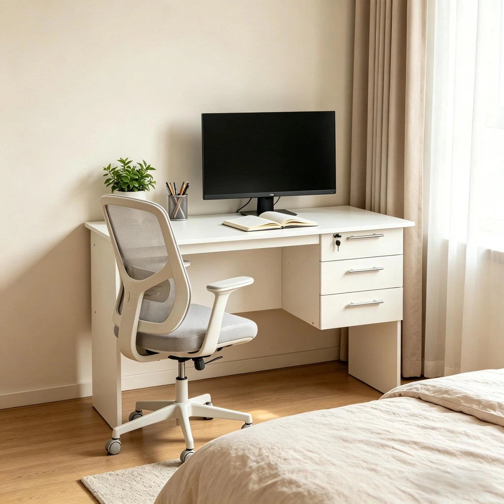 Scrivania lineare con 3 cassetti e serratura, per ufficio e studio, in legno, bianco, 120 × 60 × 75 cm