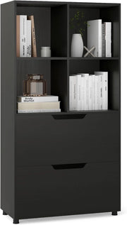 Libreria con 4 cubi e 2 cassetti, scaffale da libreria a piedi con kit antiribaltamento, mobile di stoccaggio autoportante per ufficio, soggiorno, ufficio casa (nero)