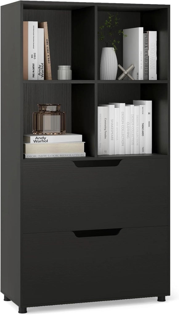 Libreria con 4 cubi e 2 cassetti, scaffale da libreria a piedi con kit antiribaltamento, mobile di stoccaggio autoportante per ufficio, soggiorno, ufficio casa (nero)