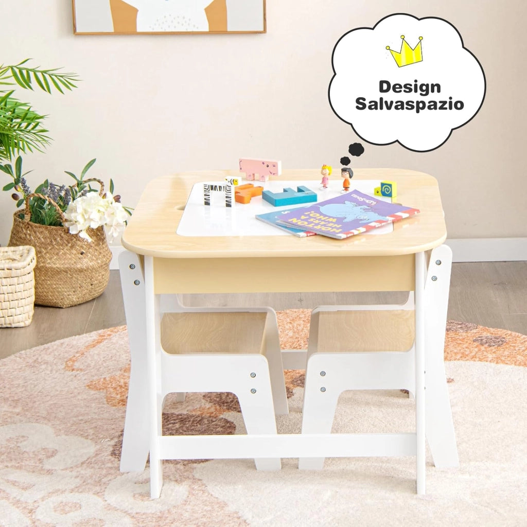 Set Tavolo e 2 Sedie per Bambini, con Lavagna Reversibile, Tavolo Multiattività con Vano Portaoggetti Nascosto e Sedie, per Bambini da 3-6 Anni, per Cameretta e Soggiorno (Naturale)