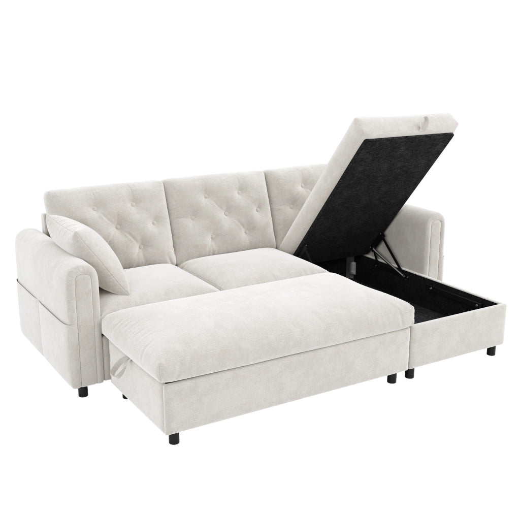 Divano beige con chaise longue e pouf contenitore