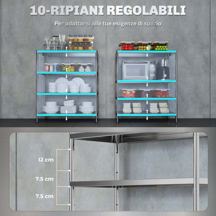 Scaffale da Cucina a 4 Livelli Regolabili 91x40x108 cm in Acciaio Inox Argento