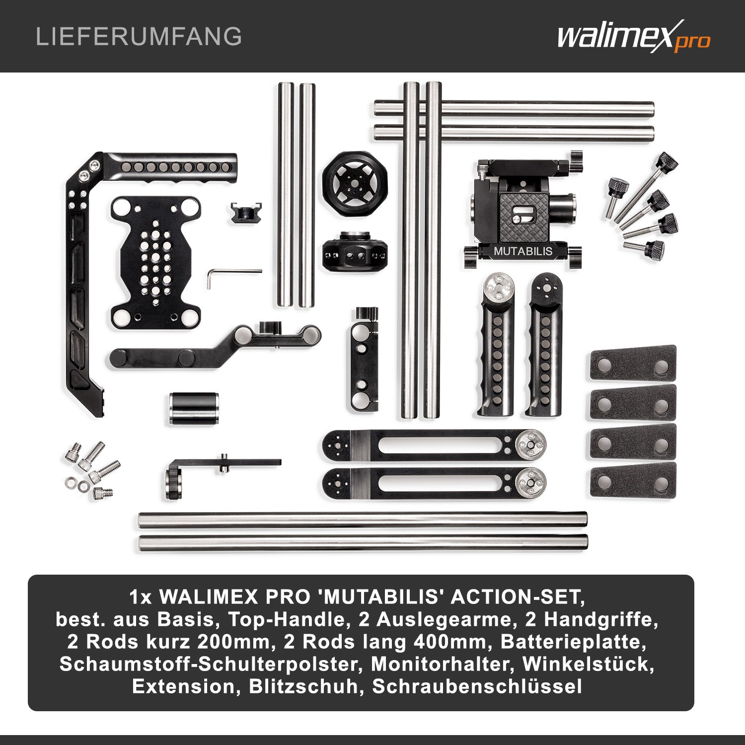 Camera rig modulare Mutabilis per setup fotografia professionale - in alluminio aeronautico - incl. spallacci, maniglia superiore, base e accessori - cage per corpo macchina