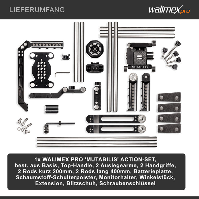 Camera rig modulare Mutabilis per setup fotografia professionale - in alluminio aeronautico - incl. spallacci, maniglia superiore, base e accessori - cage per corpo macchina