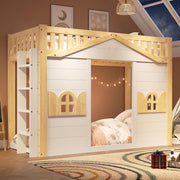 Letto a castello cabana con scala reversibile e finestra LEMONMAX; 90x200 cm; spazio sotto multifunzione; pino e MDF; bianco/naturale