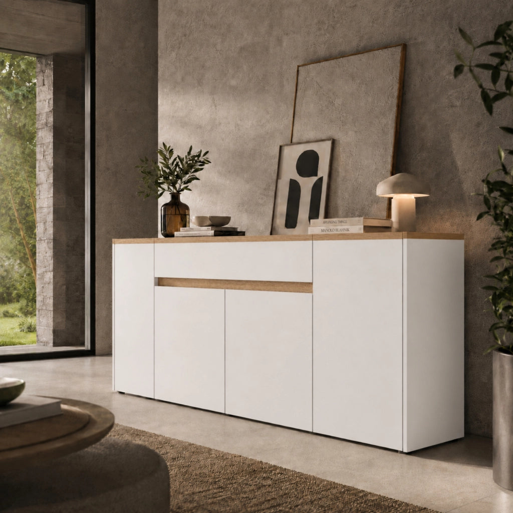 Mobile Madia Moderna Con 4 Ante E 1 Cassetto In Melaminico Contenitore Elegante Per Soggiorno Sala Da Pranzo 170 X 85 X 40 Cm Bianco E Rovere