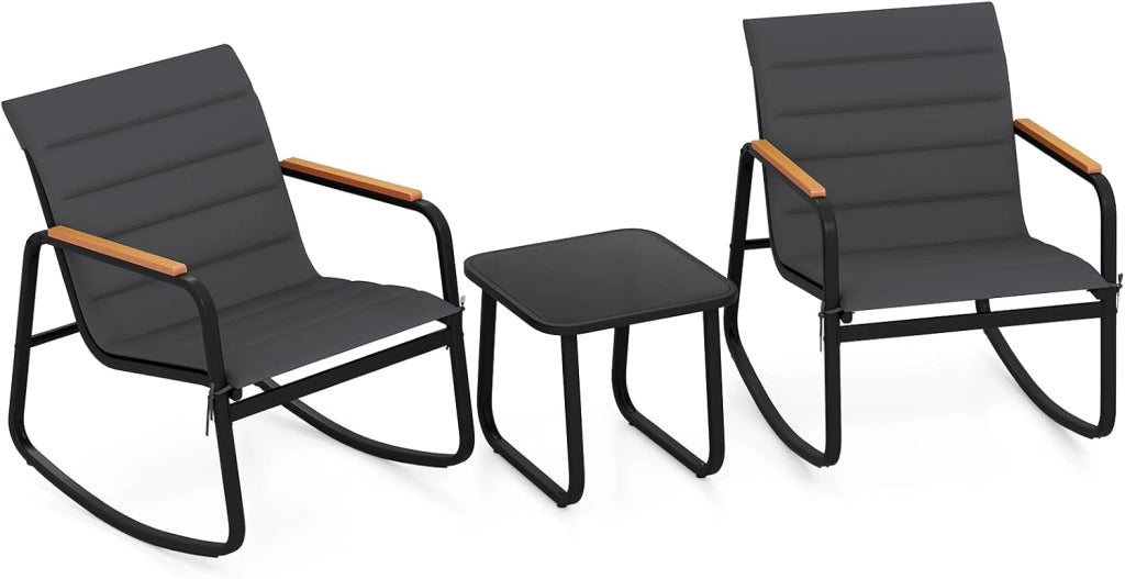 Set da Giardino 3 Pezzi, Gruppo di Sedute con 2 Poltrone a Dondolo e Tavolo in Vetro, Set Bistro per Mobili con Cuscini Morbidi e Struttura in Metallo (modello 2)