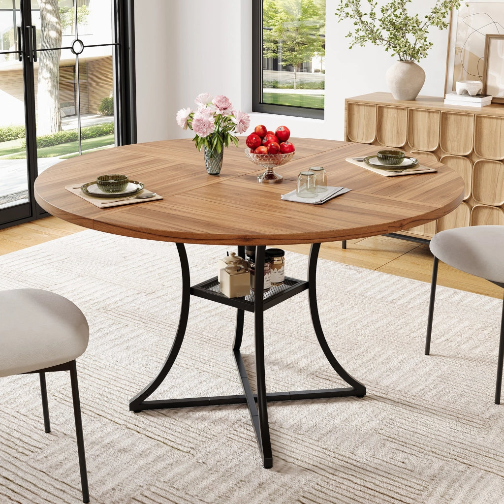 Tavolo da pranzo rotondo 100 cm MDF noce gambe nere a X ripiano integrato per 4-6 persone